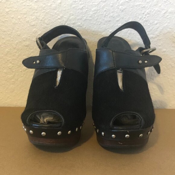 UGG Heels Women's Size 8.5 Black Leather Studded CALF HAIR Nicco Shoes Peep Toe - Picture 3 of 11